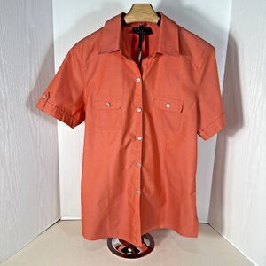 FoxCroft Non-Iron Fitted Orange Blouse Short Sleeve Button Classic Women’s 12